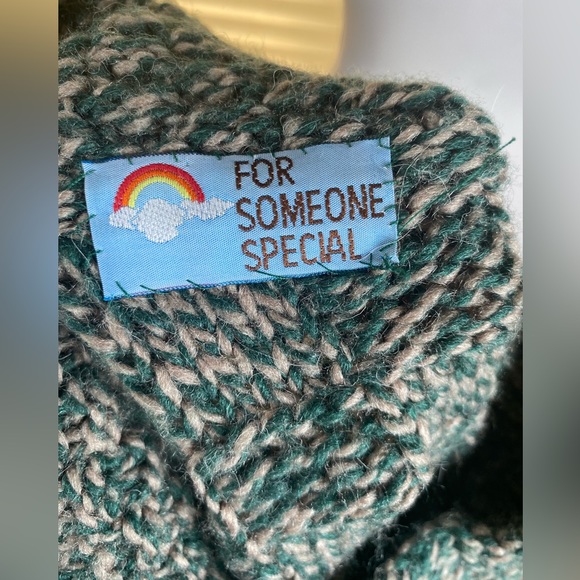 Handmade Knit Green and Cream Sweater with Puffy Sleeves - Picture 2 of 5